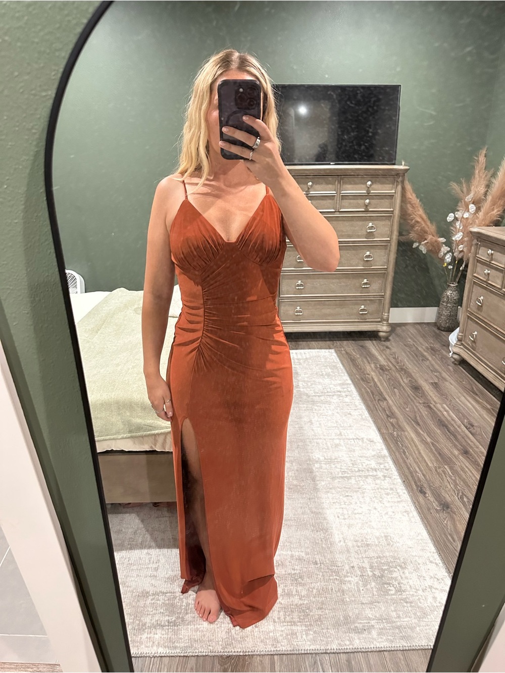 David's Bridal Rust Velvet Slip Maxi Dress with Side Slit